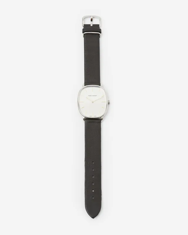 Isabel Marant 28.07 montre argent cuir noir