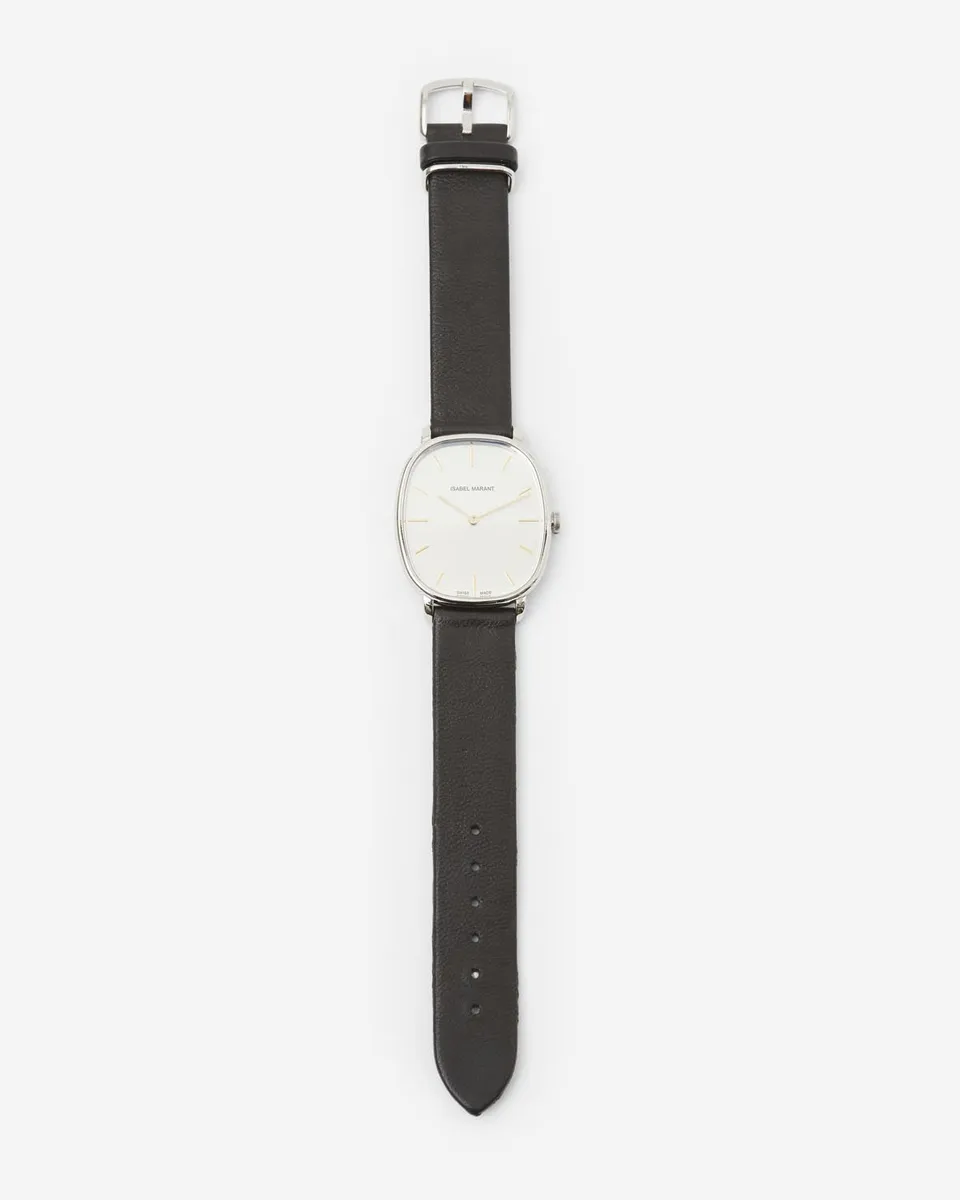 Isabel Marant 28.07 montre argent cuir noir