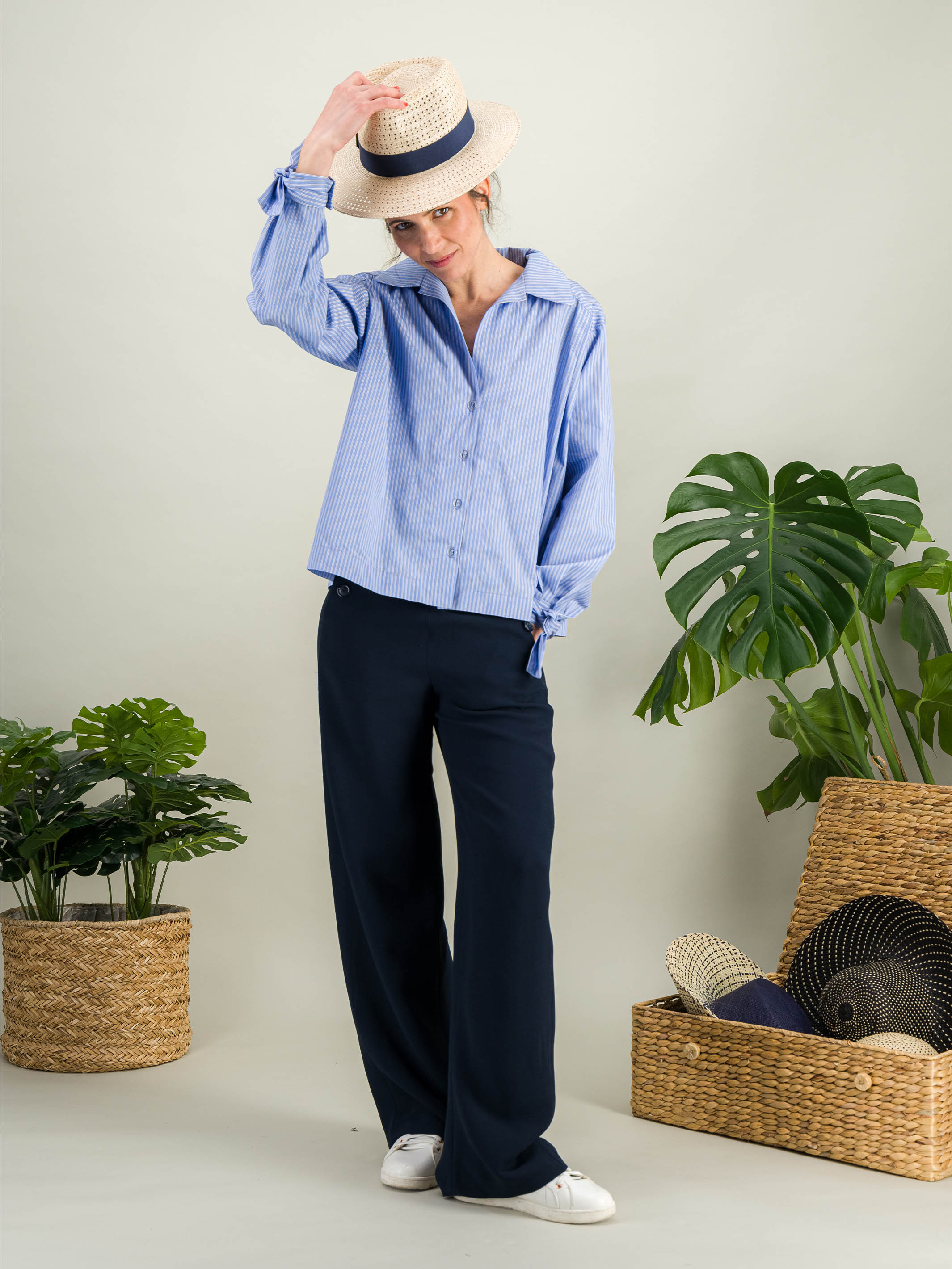 Anahide Saint André Pamplone chemise coton bleu ciel rayé