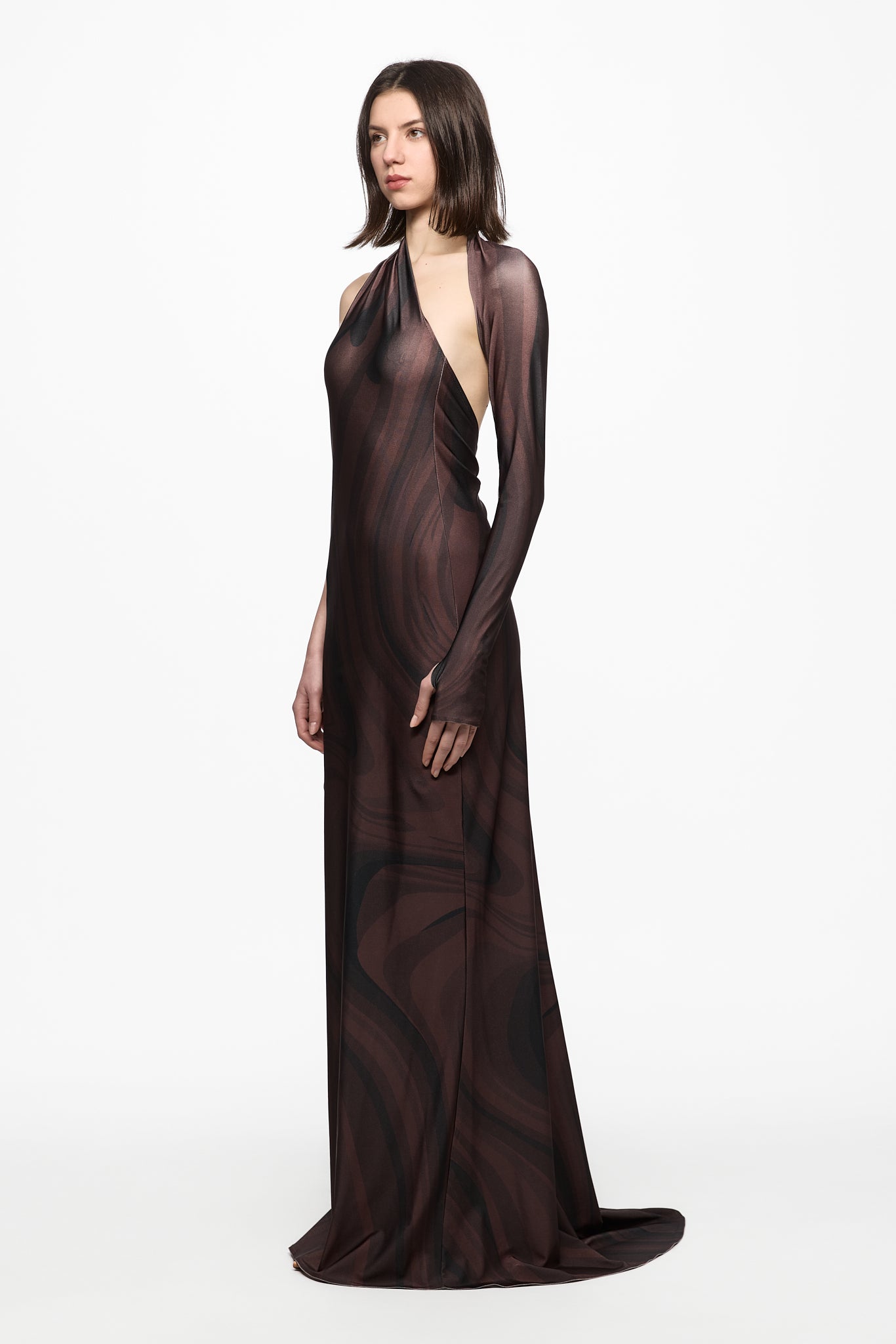 ATU Body Couture Long Chocolate Print Maxi Dress robe imprimé S