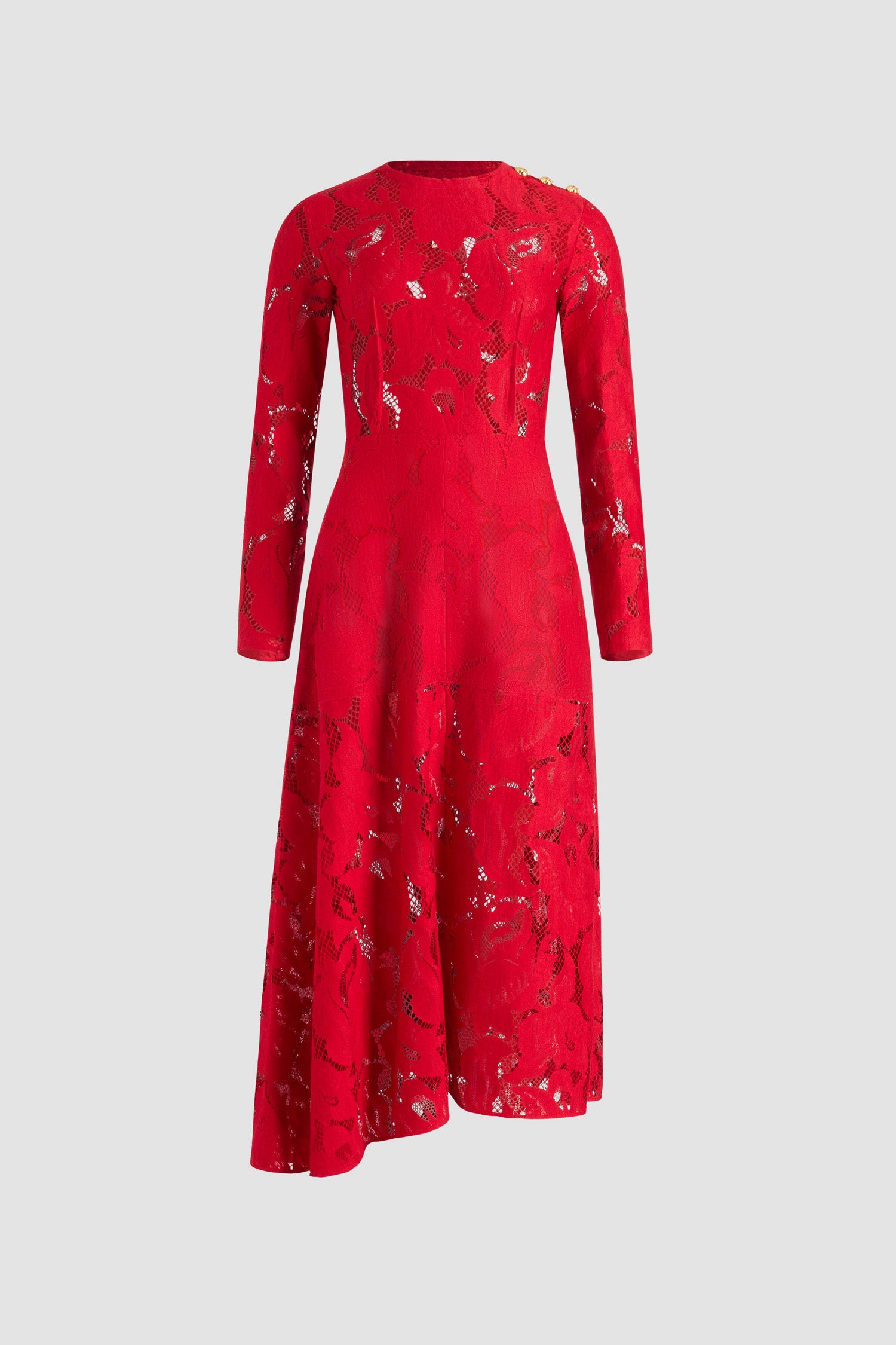 Patou DR212 robe midi asymétrique dentelle rouge babylone