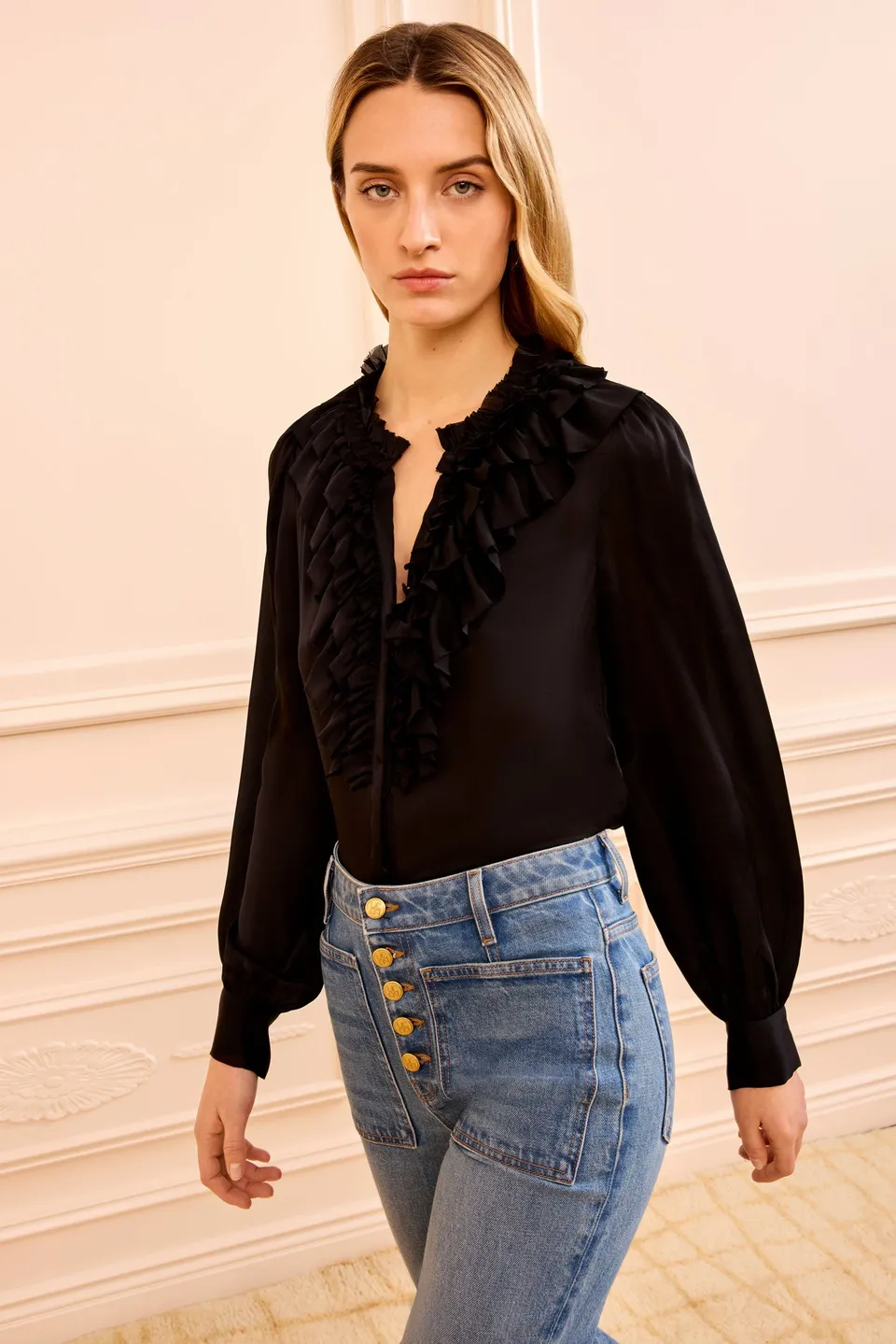 Ulla Johnson Rouen chemisier soie Noir volants manches longues