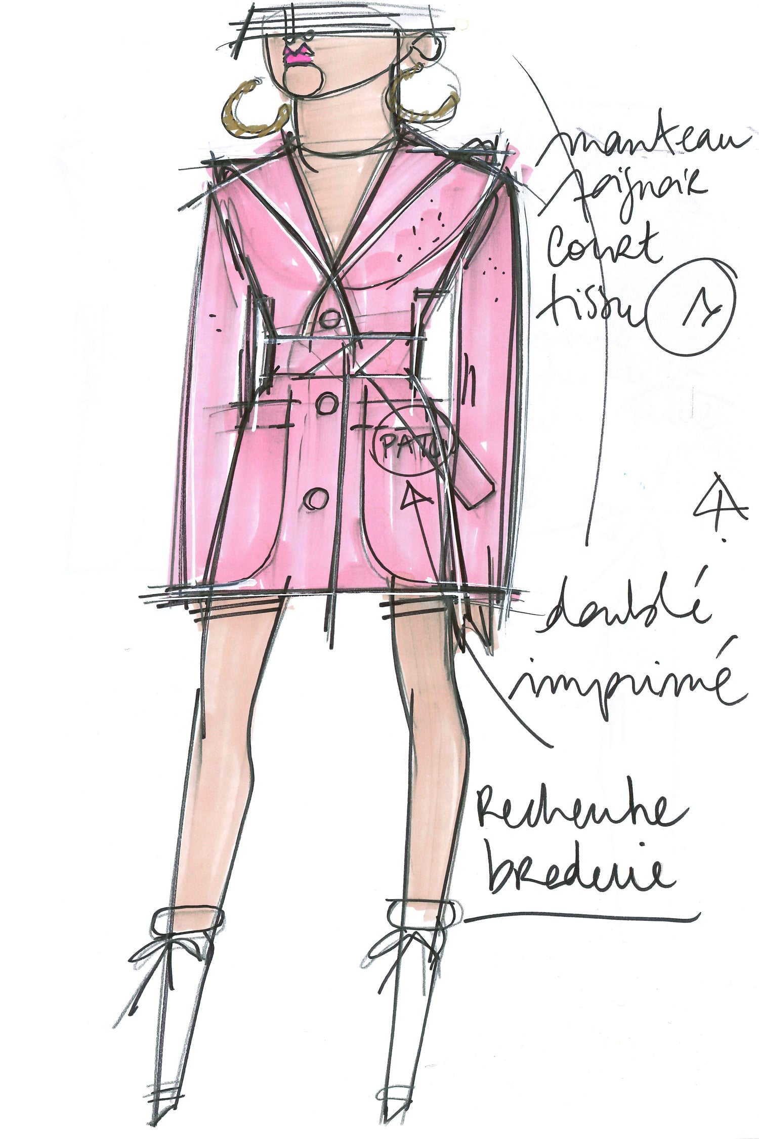 Patou CO012 manteau robe bouclé coton rose antique ceinture