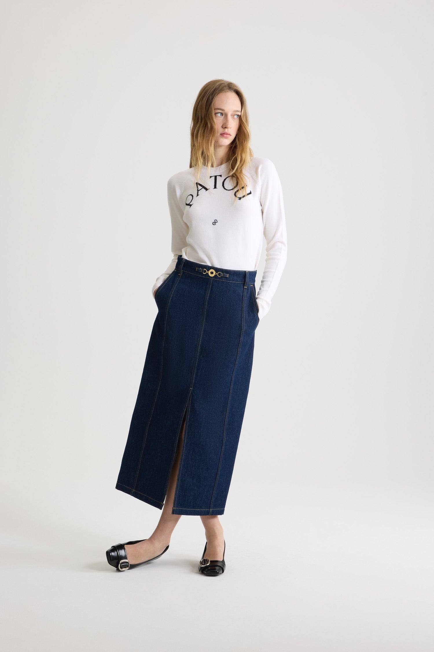 Patou H22KN1108045001W pull laine blanc col rond logo