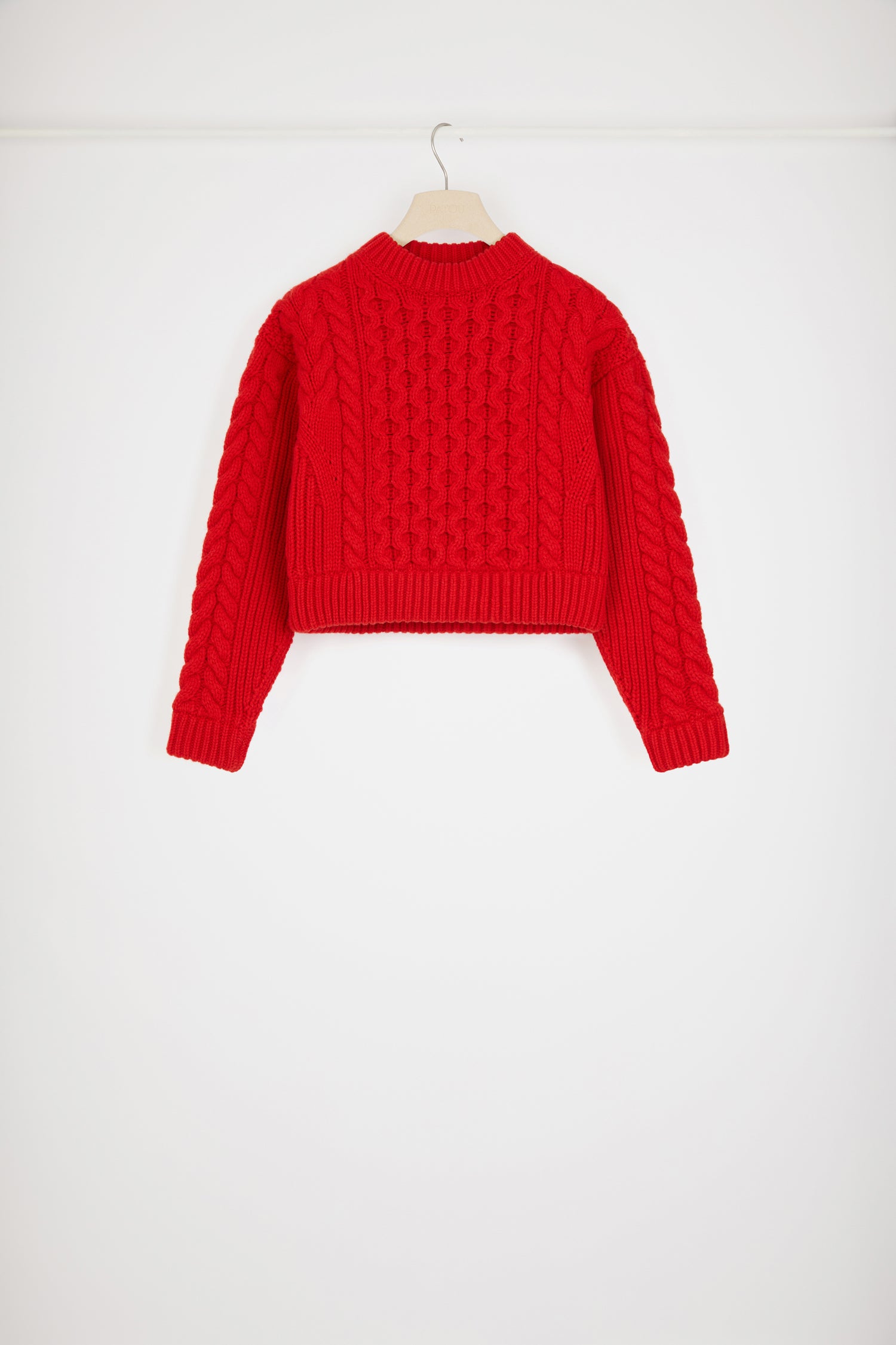 Patou KN138 cable knit jumper pull torsades rouge laine