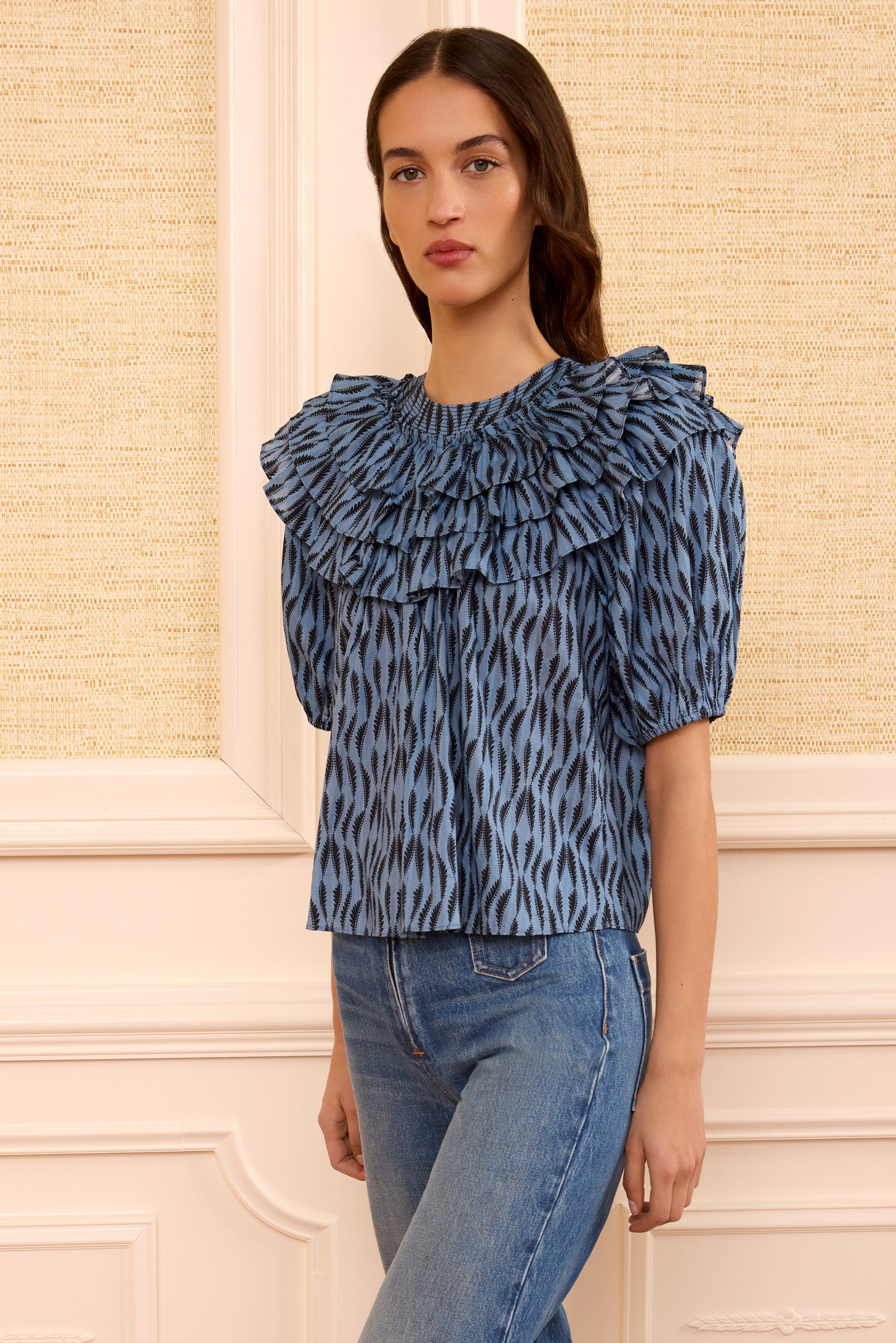Ulla Johnson Mira haut coton bleu Tidal manches bouffantes