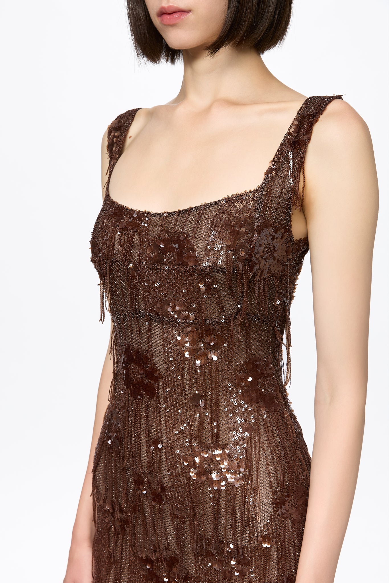 ATU Body Couture Sequins and Feathers robe longue sirène marron taille S