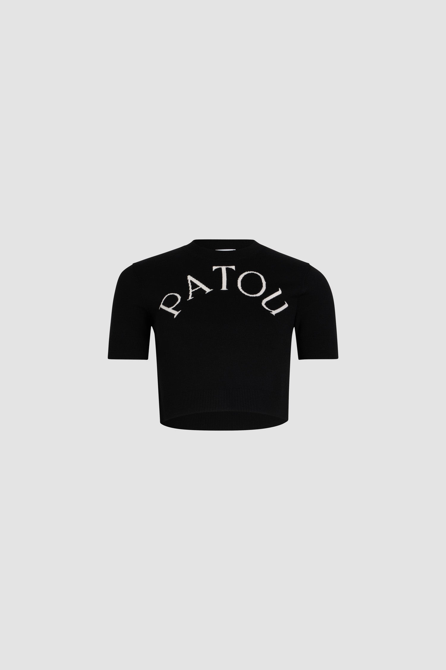 Patou KN222 pull cropped noir logo jacquard mérinos