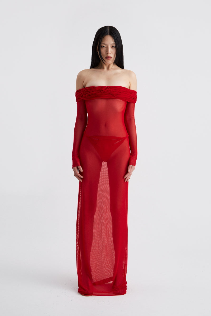ATU Body Couture Tangled Sheer robe longue tulle rouge tressée
