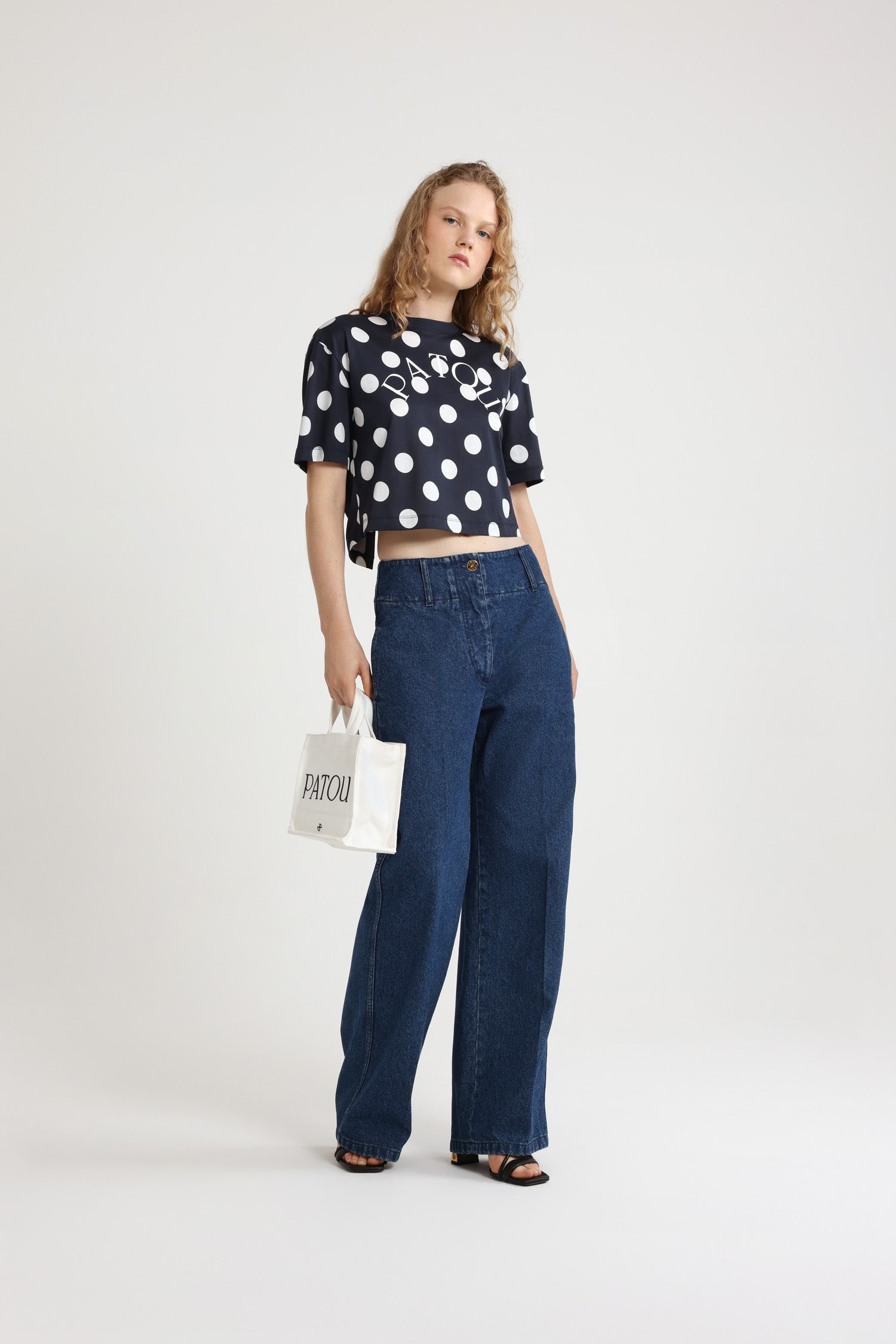 Patou P25JE137 t-shirt coton bio bleu marine pois crop