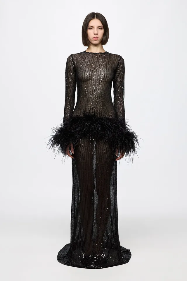 ATU Body Couture Sequins Robe Sequins Plumes Noire S