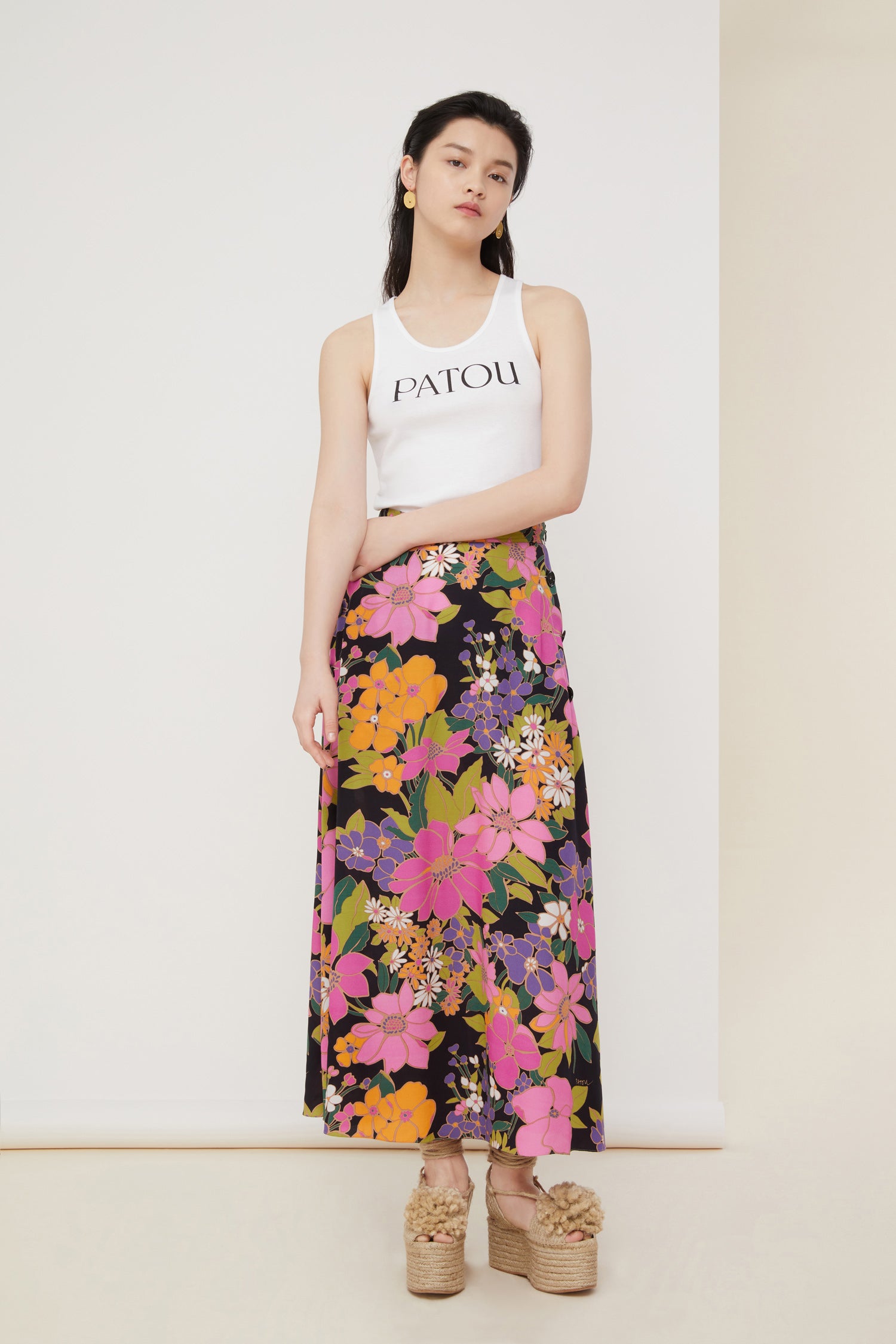 Patou A20SK01300345024 jupe midi Autumn Flowers crêpe
