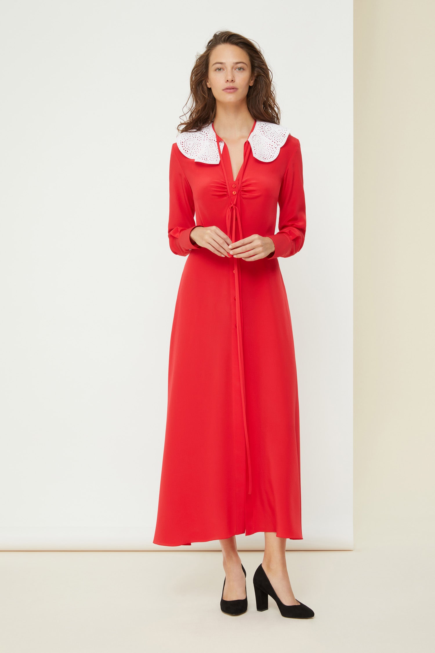 Patou P21DR0680013303R robe chemise midi soie rouge Capucine
