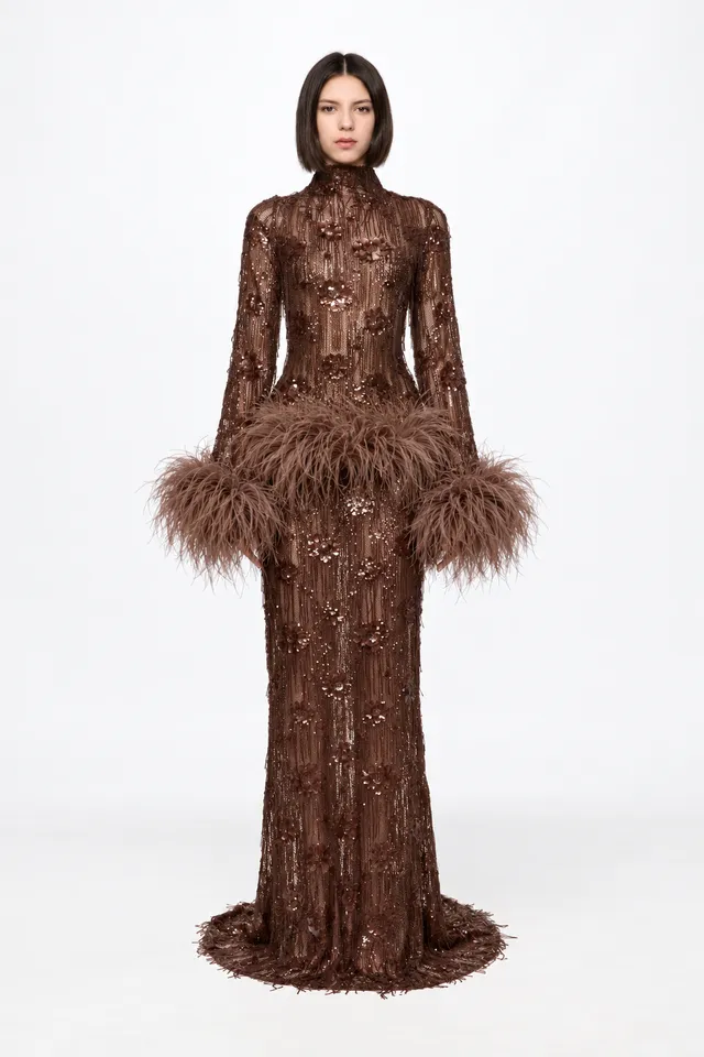 ATU Body Couture Sequins and Feathers robe chocolat plumes S