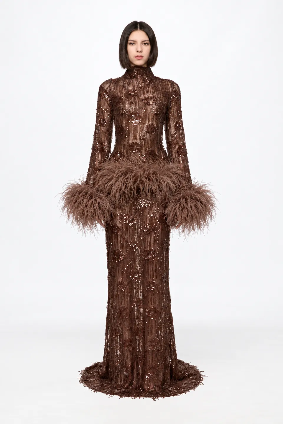 ATU Body Couture Sequins and Feathers robe chocolat plumes S
