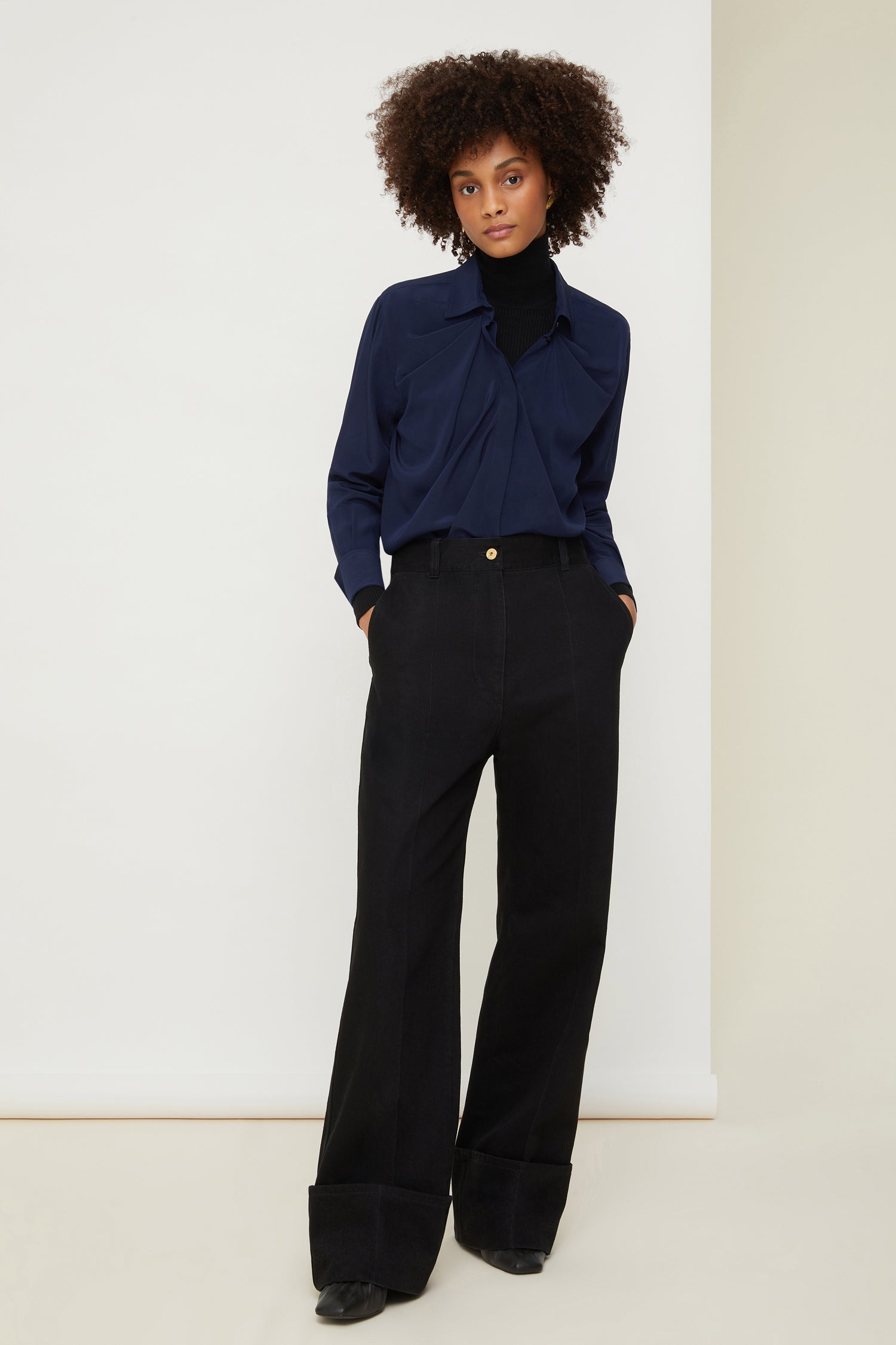 Patou H20BL0030013601N blouse soie drapée Navy