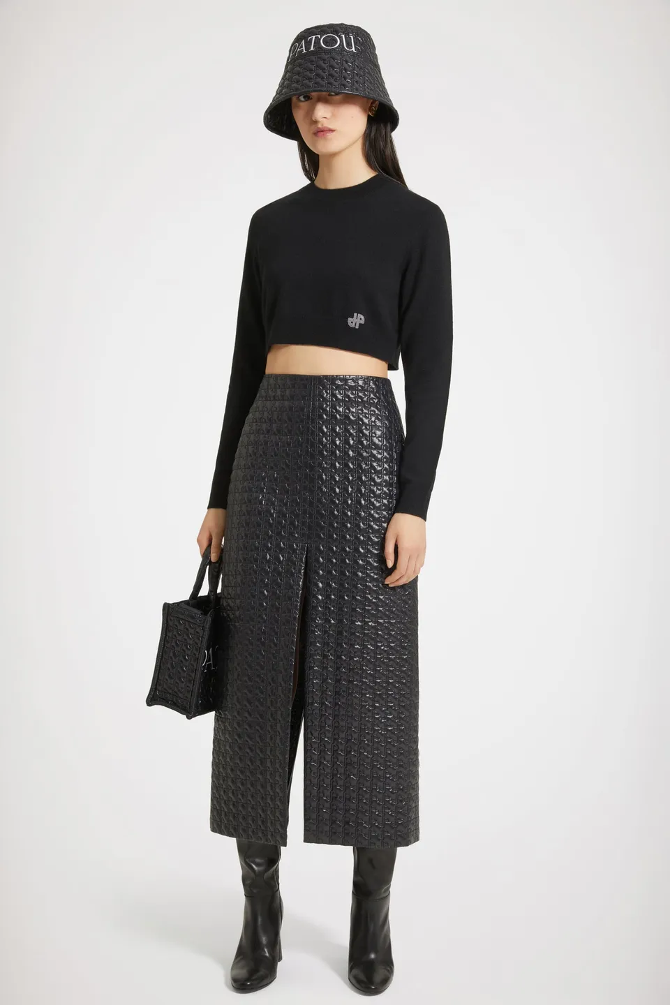 Patou H23SK0450123994B jupe crayon midi noire matelassée fendue