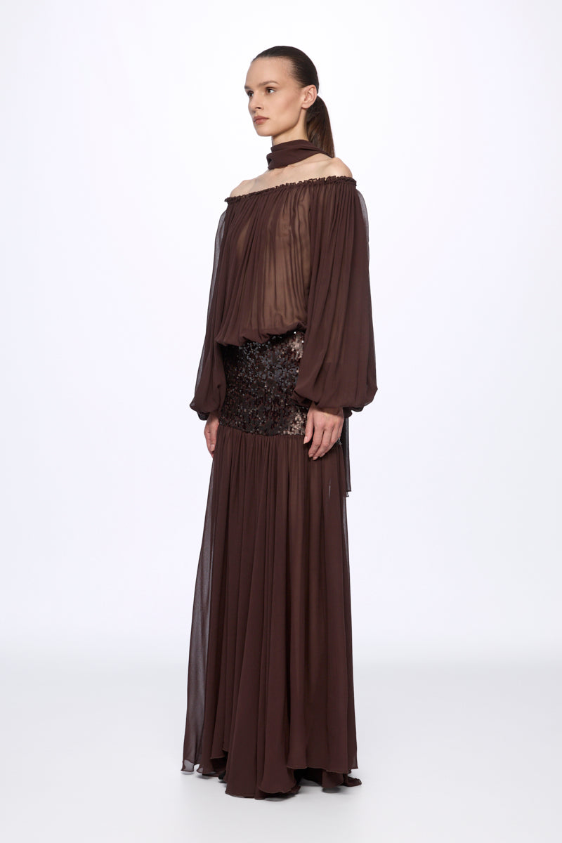 ATU Body Couture robe Sequin off-shoulder marron soie longue