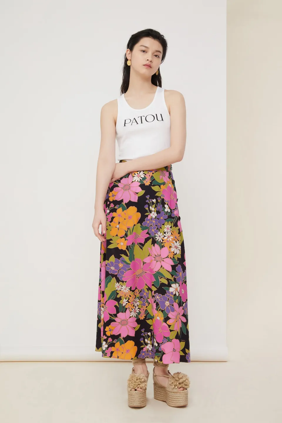 Patou A20SK01300345024 jupe midi Autumn Flowers crêpe