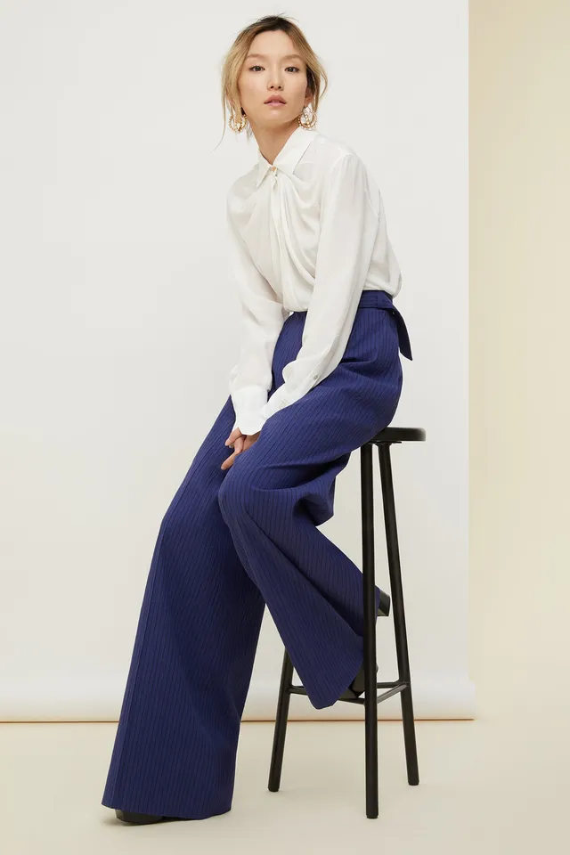 Patou TR005 pantalon large seersucker bleu persan ceinturé