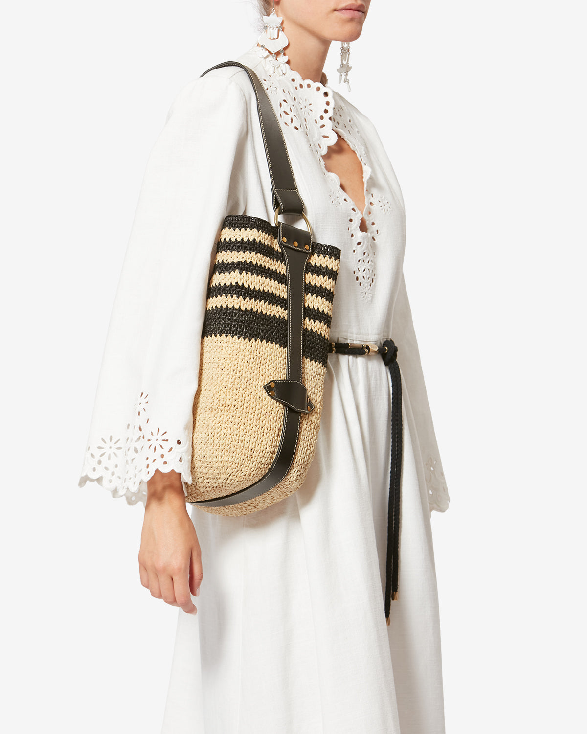 Isabel Marant Bayia sac raphia noir naturel 37 cm