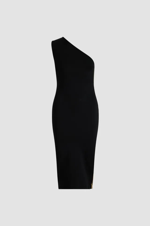 Patou KN246 robe midi noire une épaule crépon