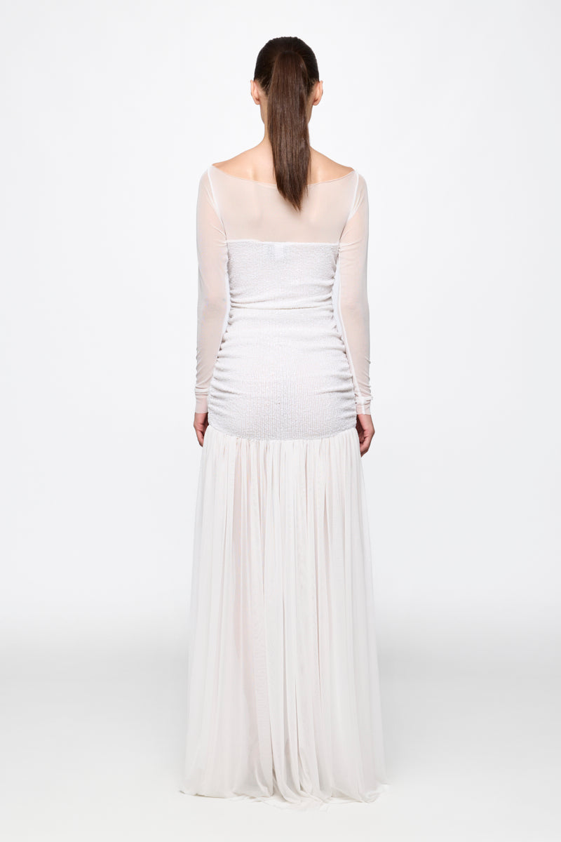 ATU Body Couture Ruched Tulle Gown in white sequins robe