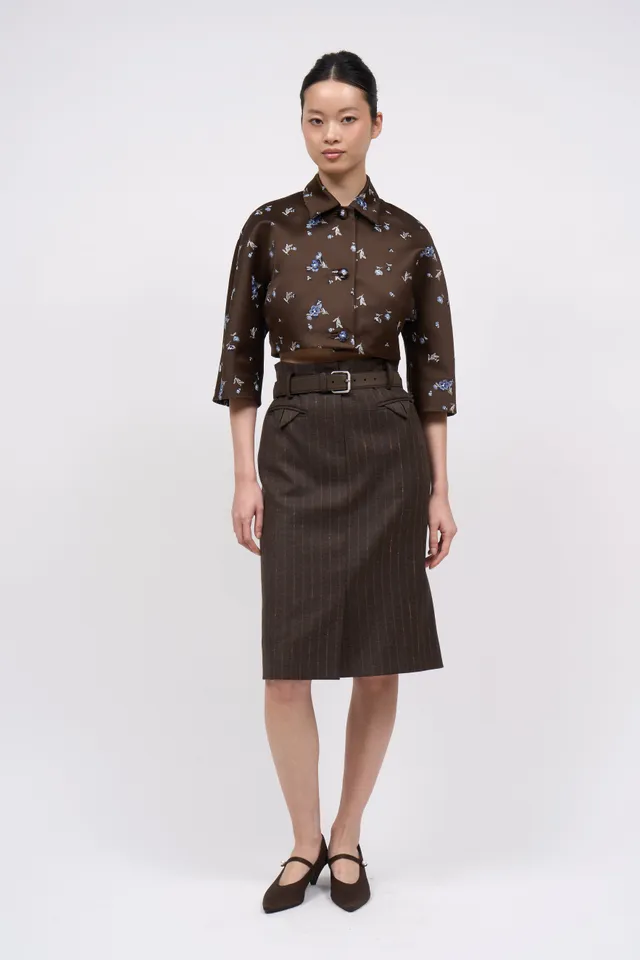 Paul & Joe Sixtine Jupe twill laine rayé ceinture daim