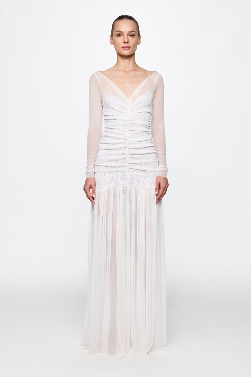 ATU Body Couture Ruched Tulle Gown in white sequins robe