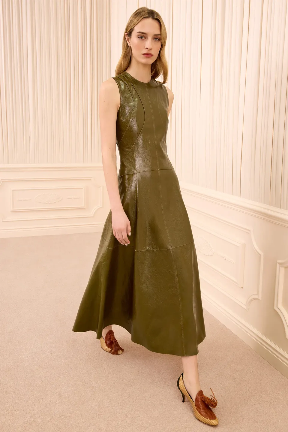 Ulla Johnson Juliette FA260155 robe cuir Lichen midi