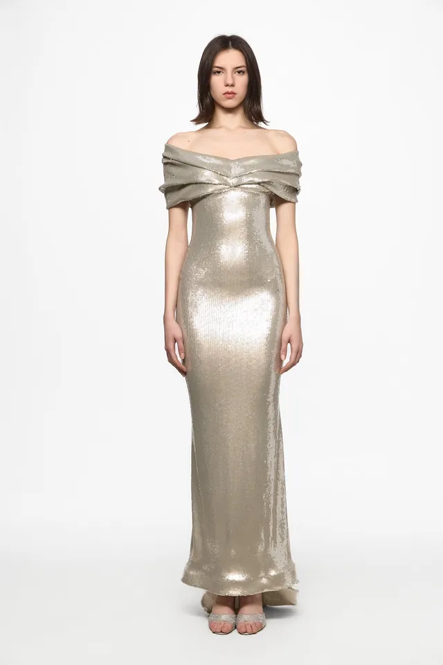ATU Body Couture Sequins and Feathers Silver off shoulder sequin gown robe S