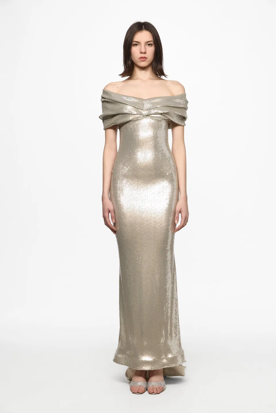 ATU Body Couture Sequins and Feathers Silver off shoulder sequin gown robe S