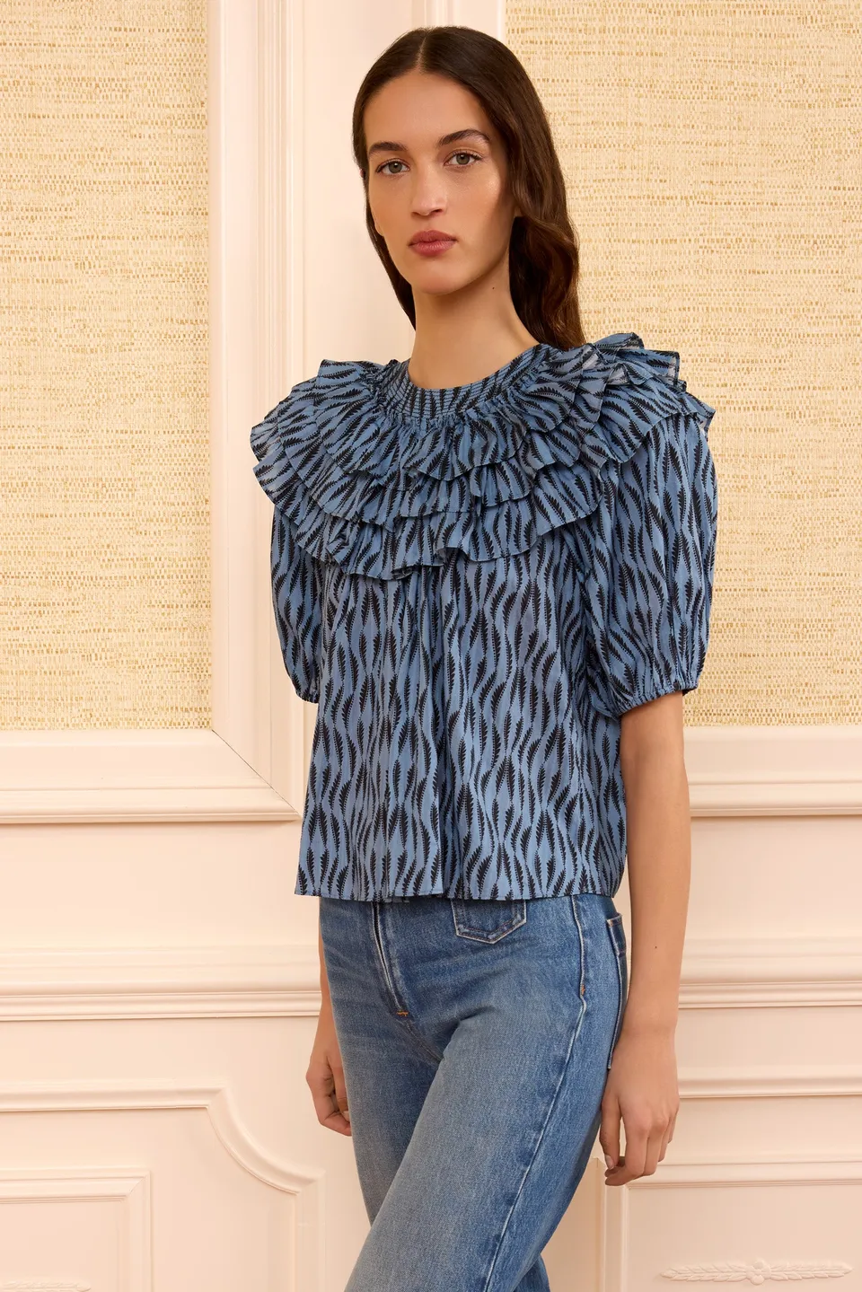 Ulla Johnson Mira haut coton bleu Tidal manches bouffantes