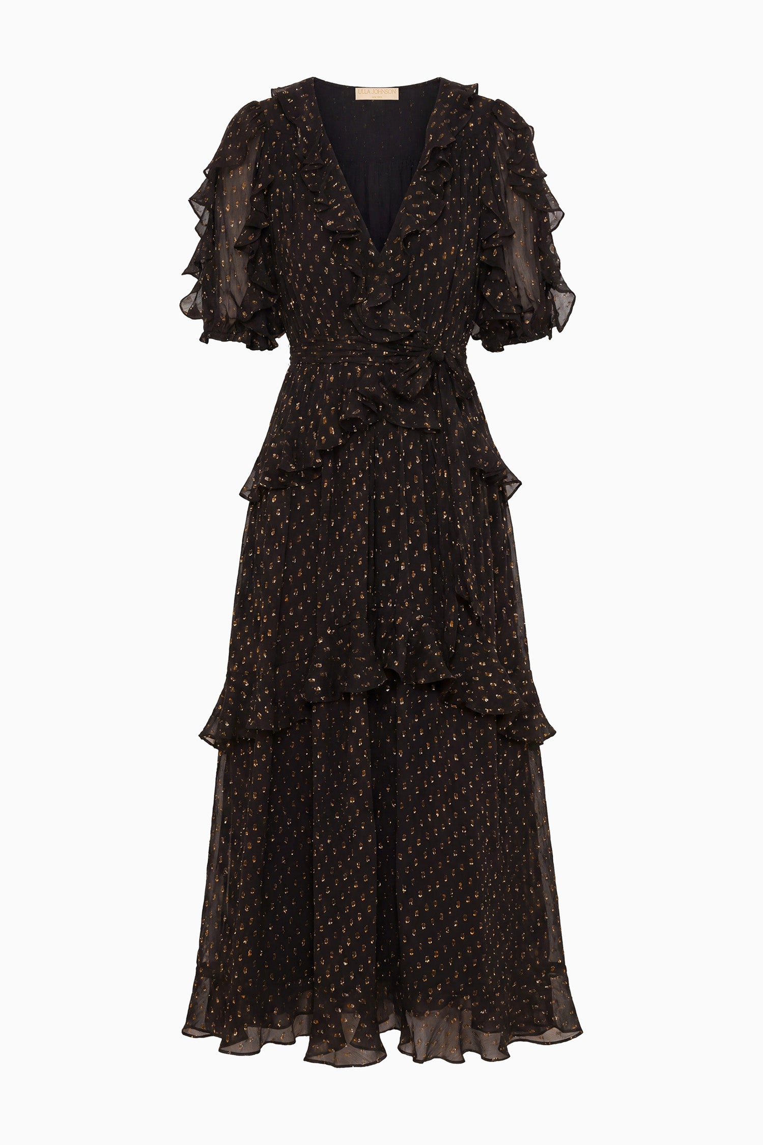 Ulla Johnson Tida Robe soie Noir midi manches courtes volants