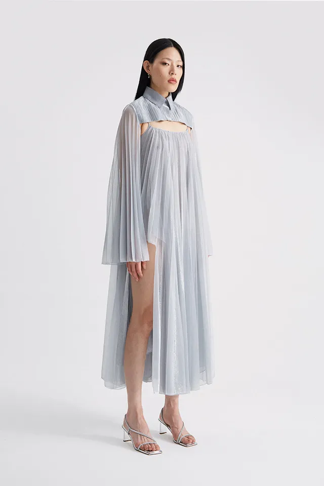 ATU Body Couture Affection Pleated Dress robe longue argentée S