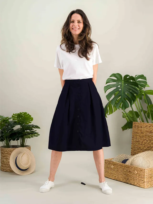 Anahide Saint André Manon jupe mi-longue coton bleu marine