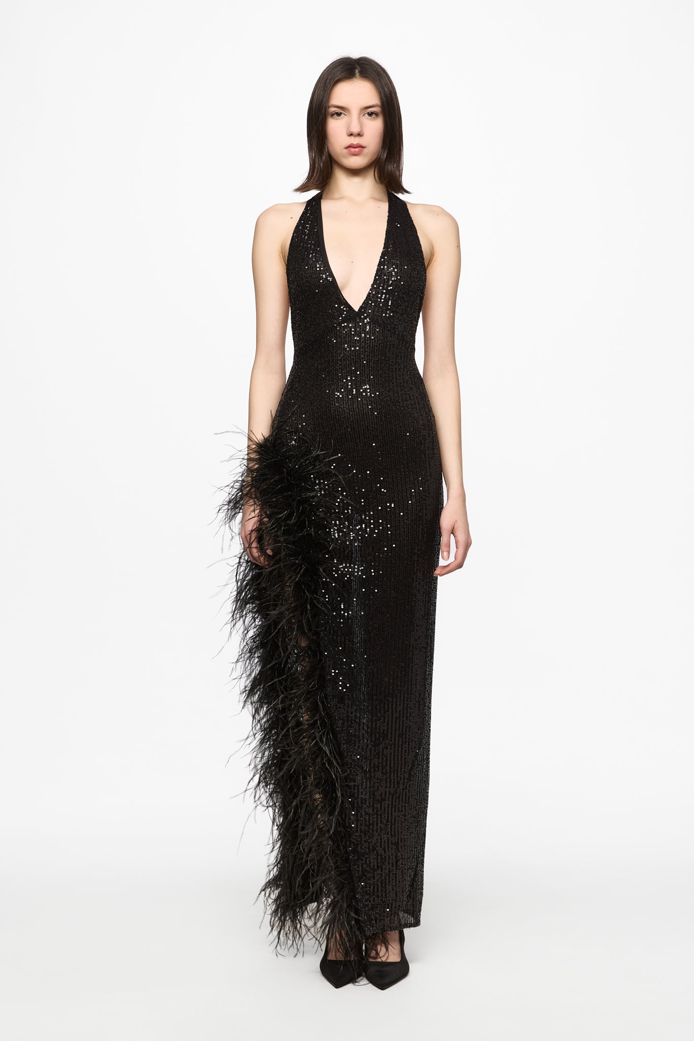 ATU Body Couture Feather-trim robe maxi sequins plumes noir