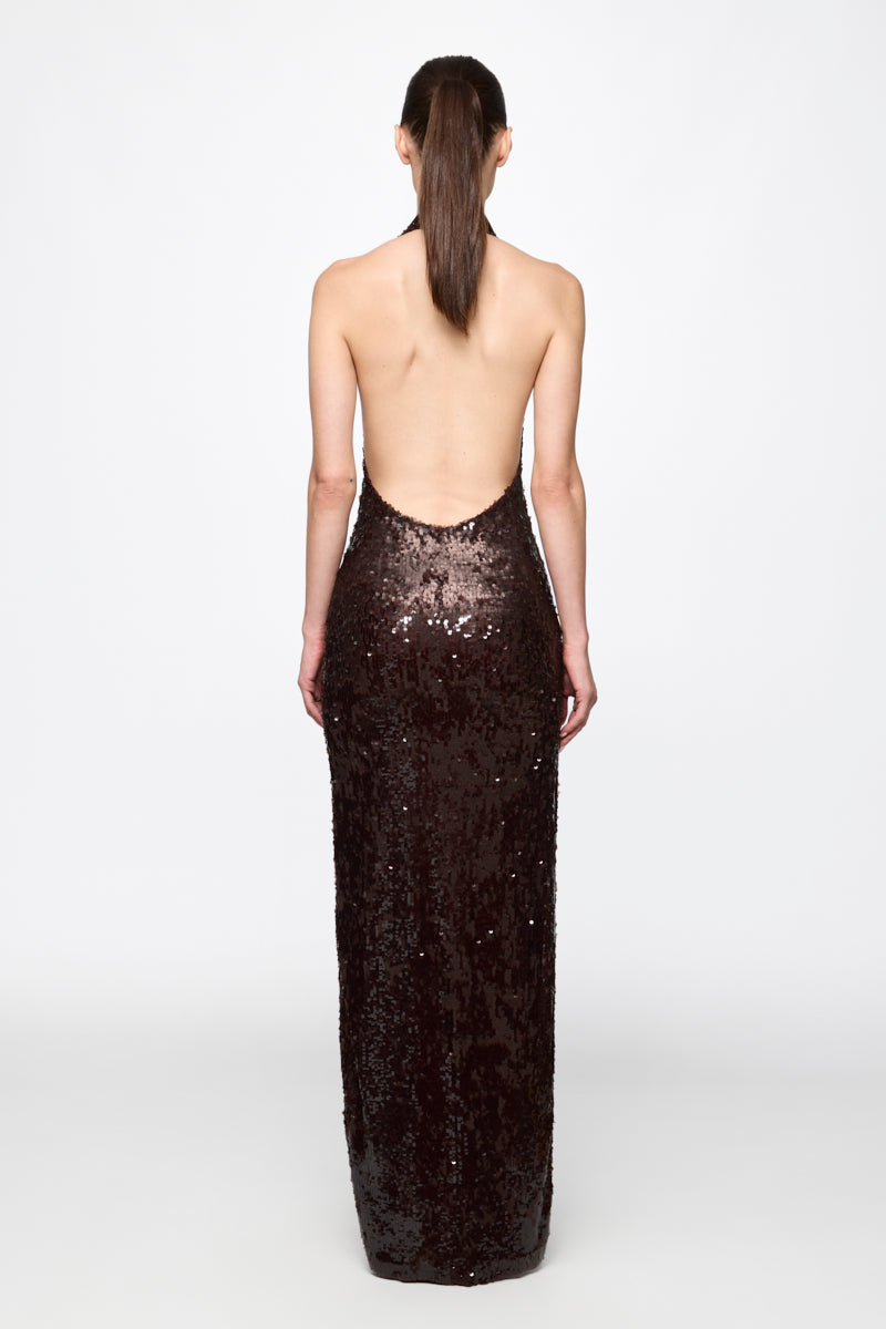 ATU Body Couture robe midi marron sequins col satin