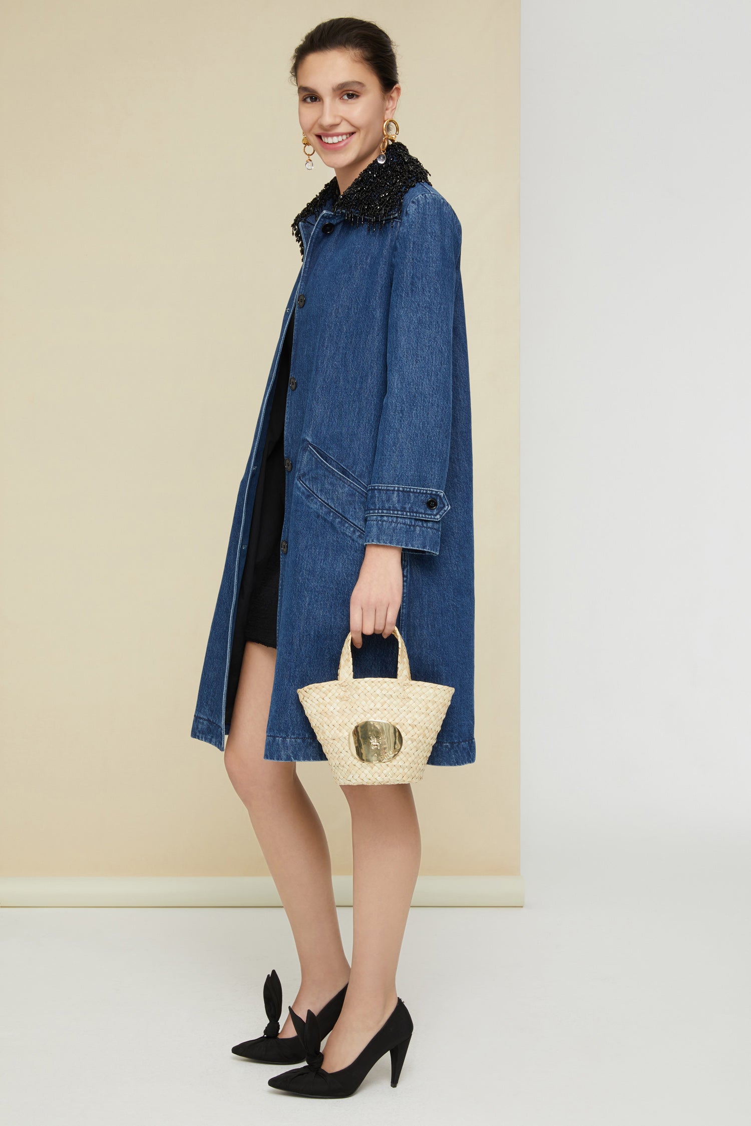 Patou CO004 manteau denim Indigo Blue Pearls perles
