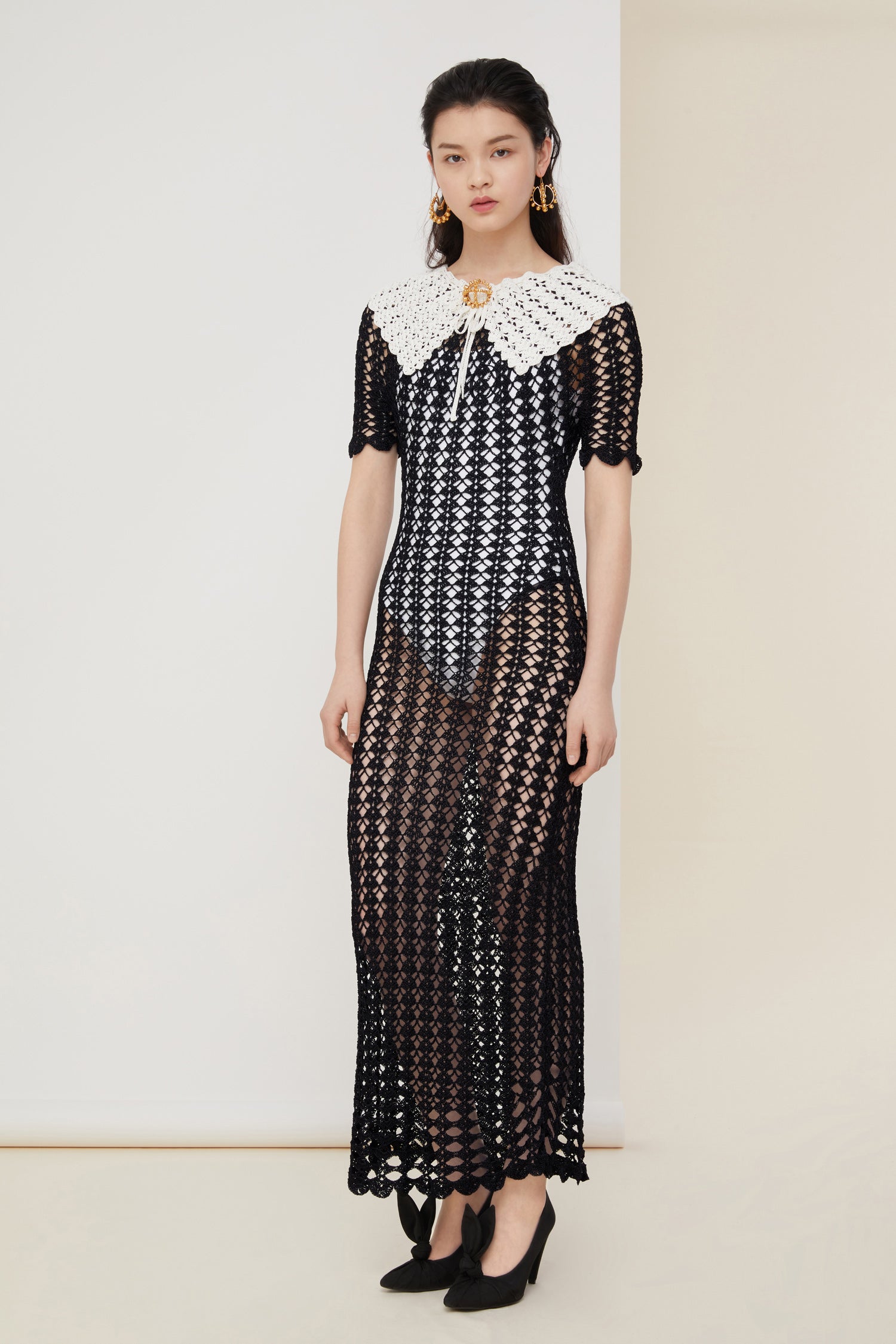 Patou KN024 robe maxi noire crochet bicolore
