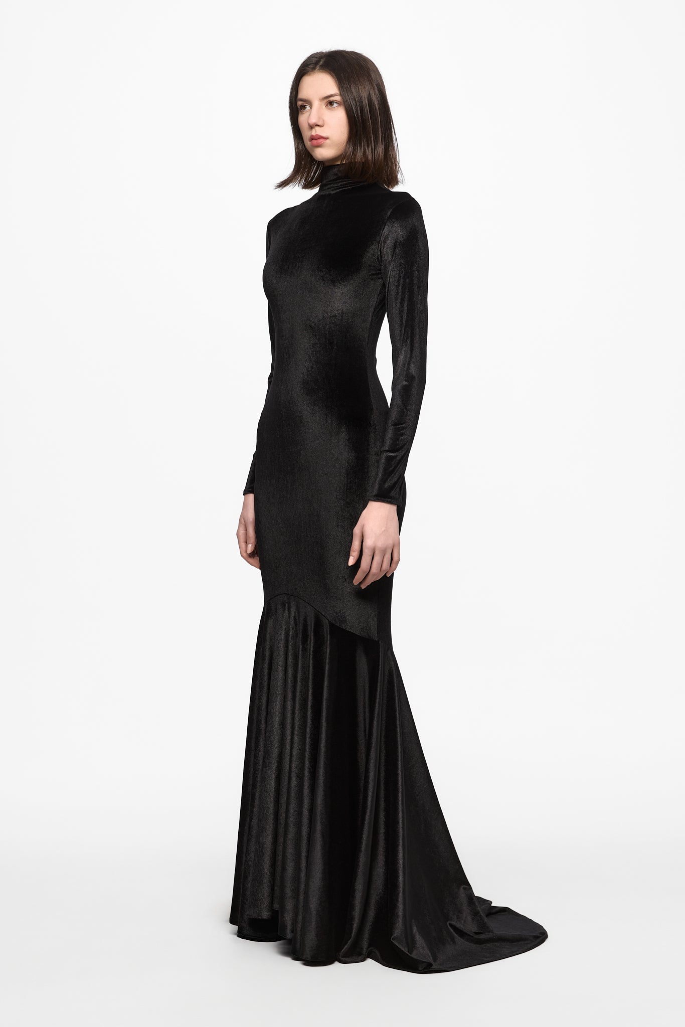 ATU Body Couture Long High neck black velvet gown robe noire