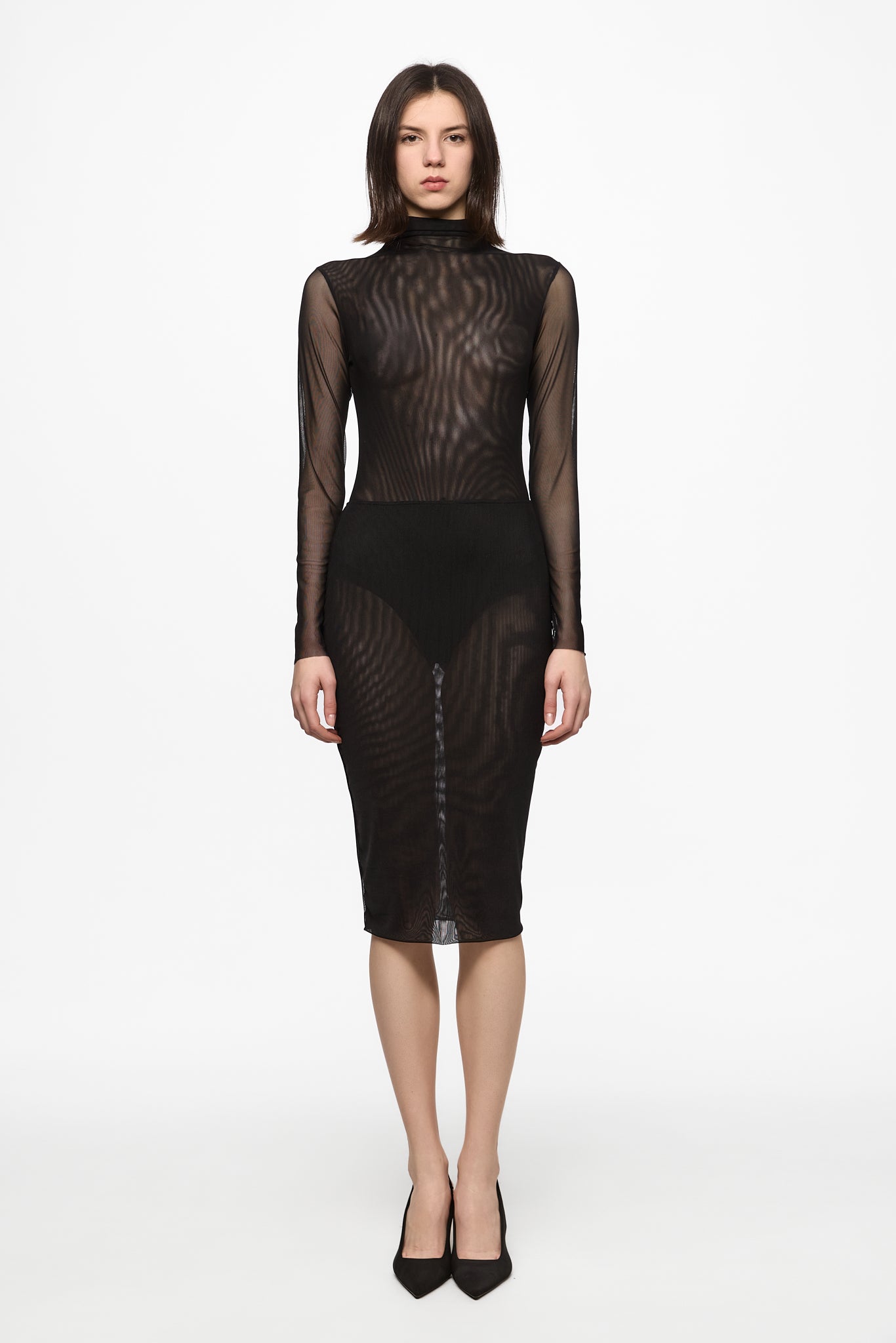 ATU Body Couture Two-piece Black mesh bodysuit skirt ensemble noir