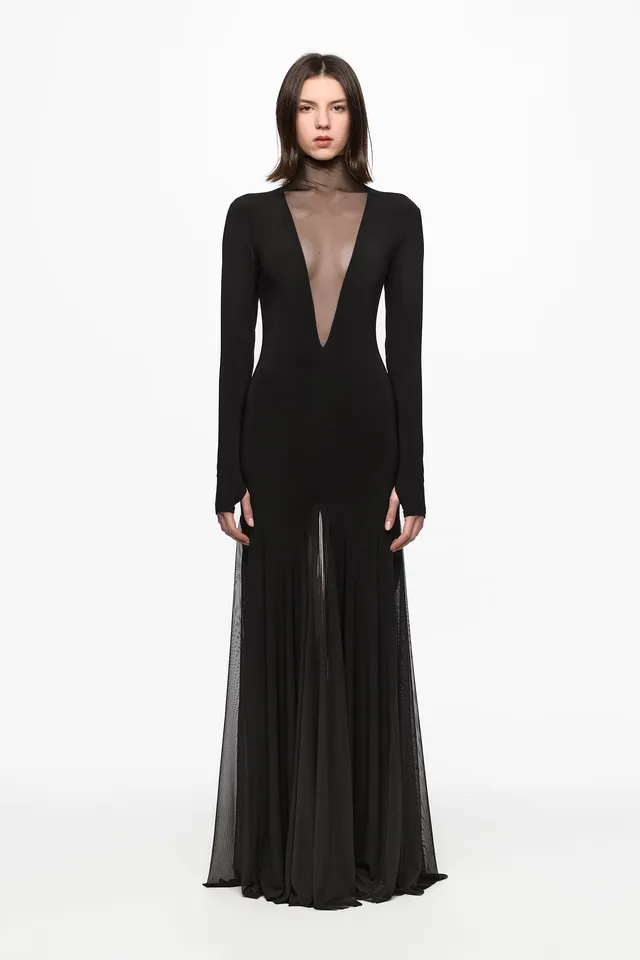 ATU Body Couture robe maxi noire tulle manches longues