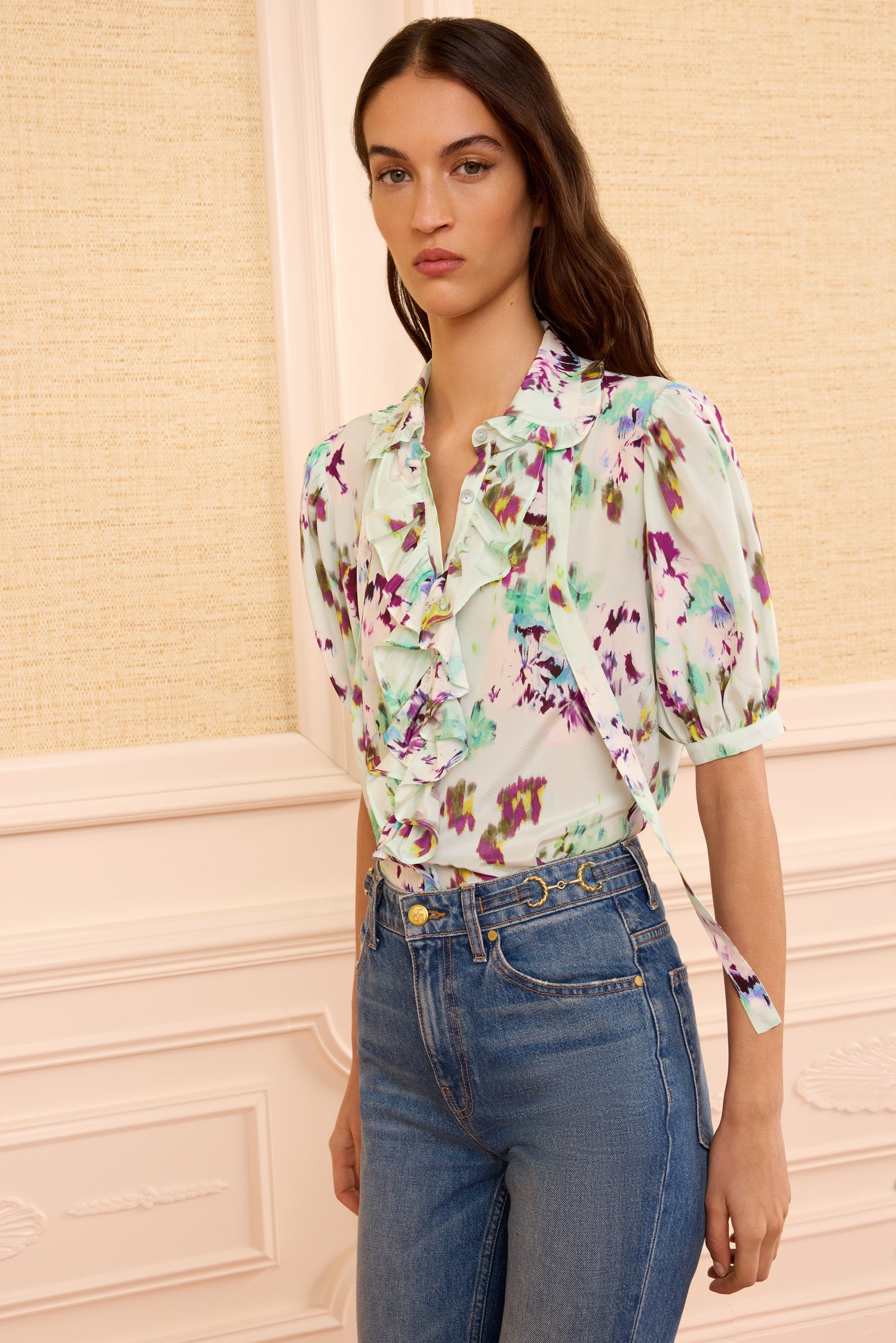 Ulla Johnson Camellia top soie Oasis vert manches courtes