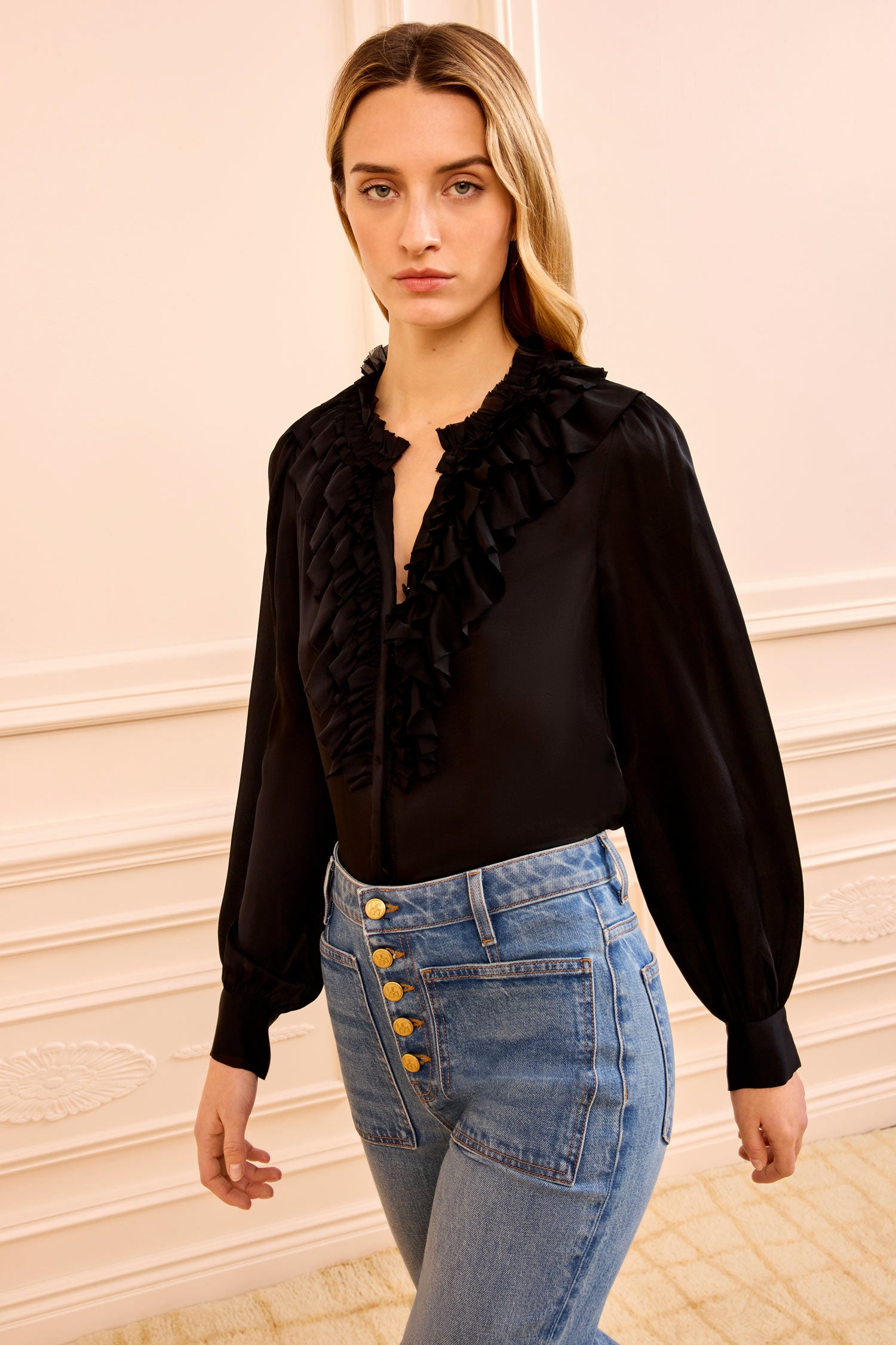 Ulla Johnson Rouen chemisier soie Noir volants manches longues