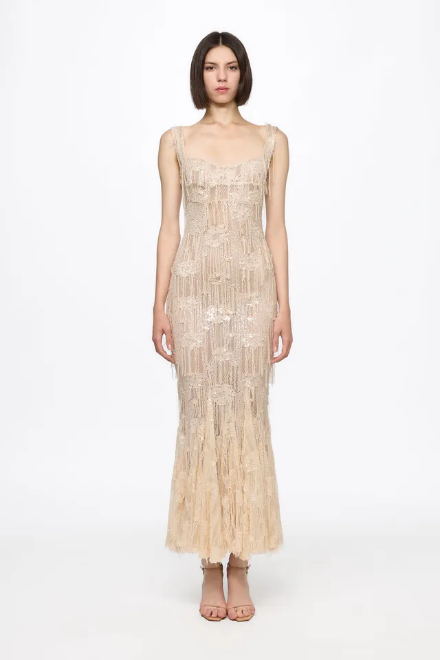 ATU Body Couture Sequins and Feathers robe midi corset vanille sequins