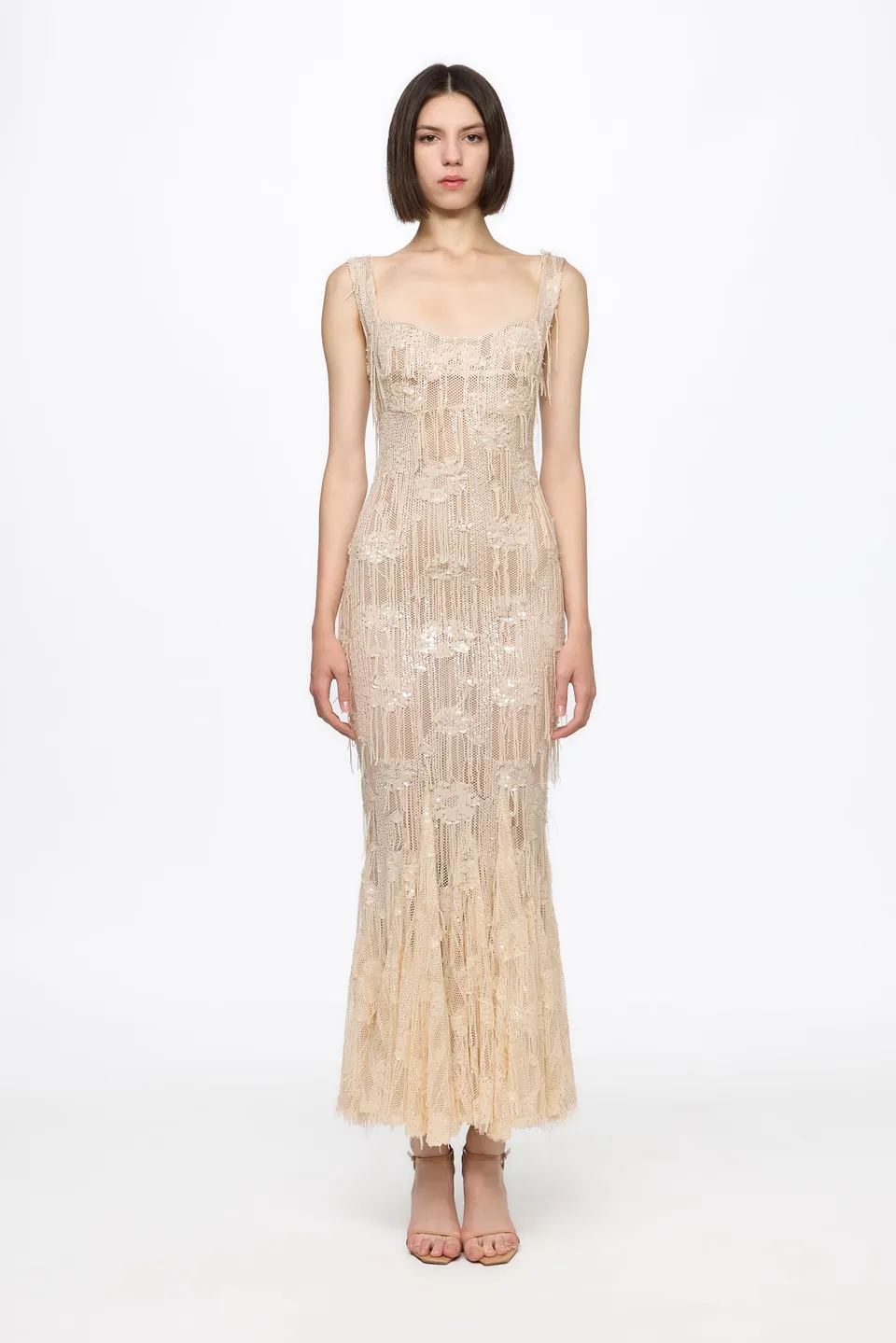 ATU Body Couture Sequins and Feathers robe midi corset vanille sequins