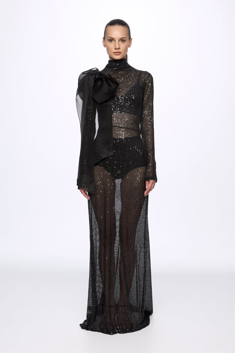 ATU Body Couture robe sequins noire midi nœud soie S