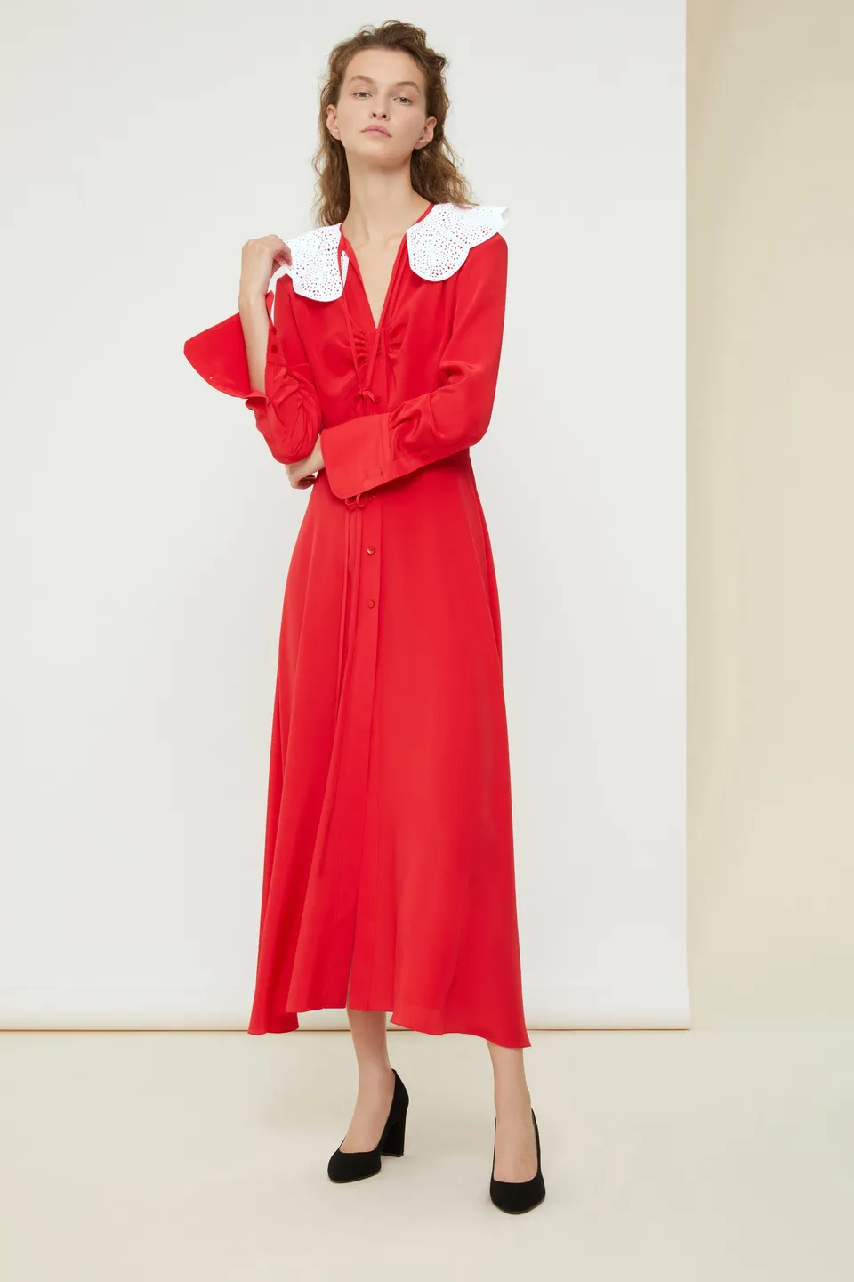 Patou P21DR0680013303R robe chemise midi soie rouge Capucine