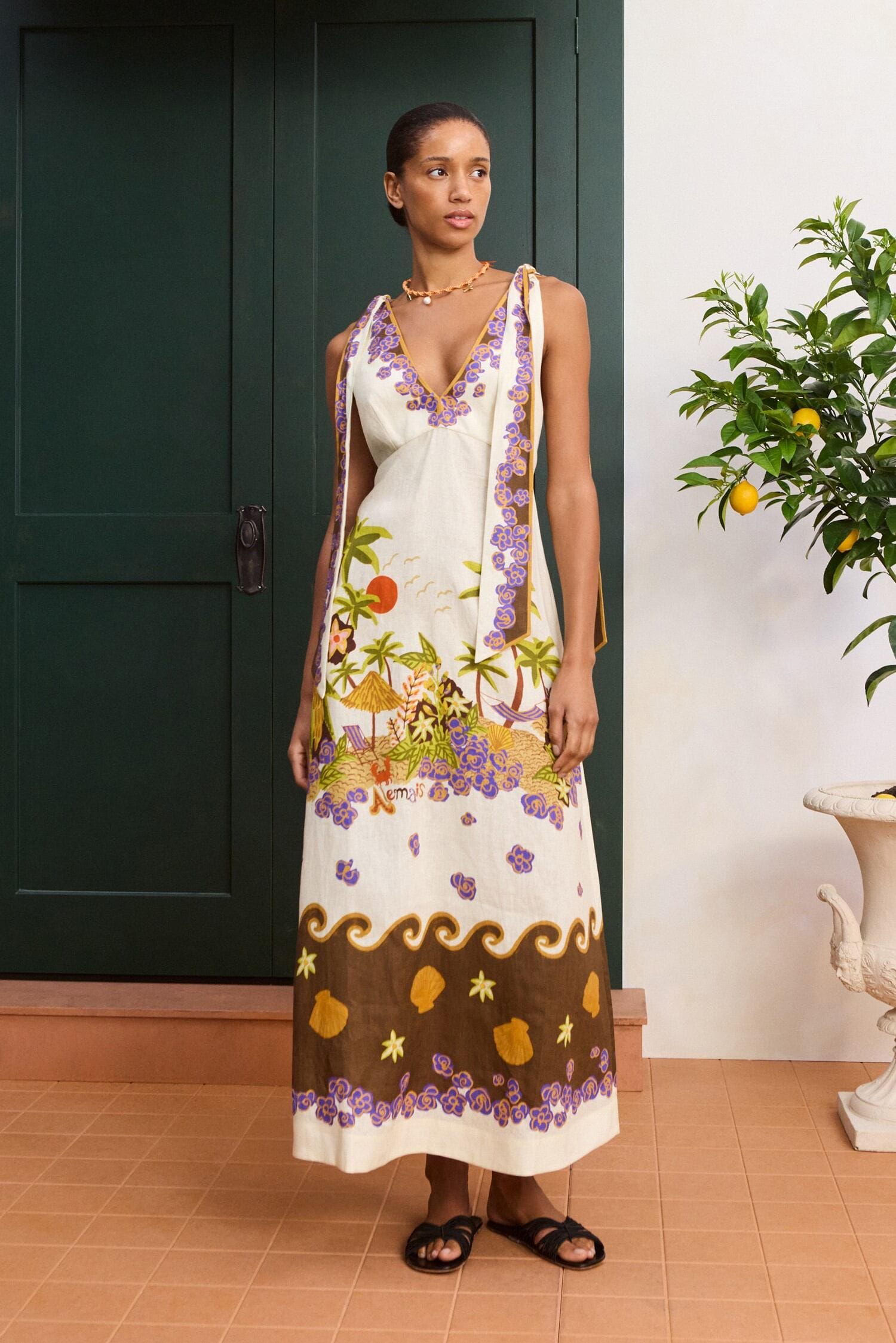 Alemäis Island Cove Ballet Day Dress robe midi lin col V